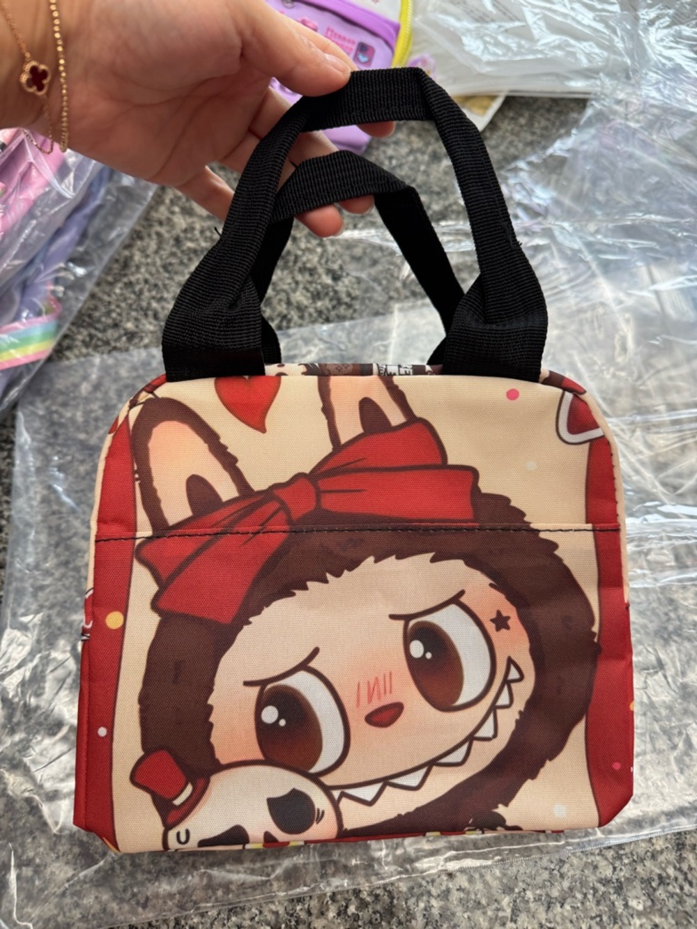 Kids Cartoon Bunny Lunch Tote Bag in Beige and Red